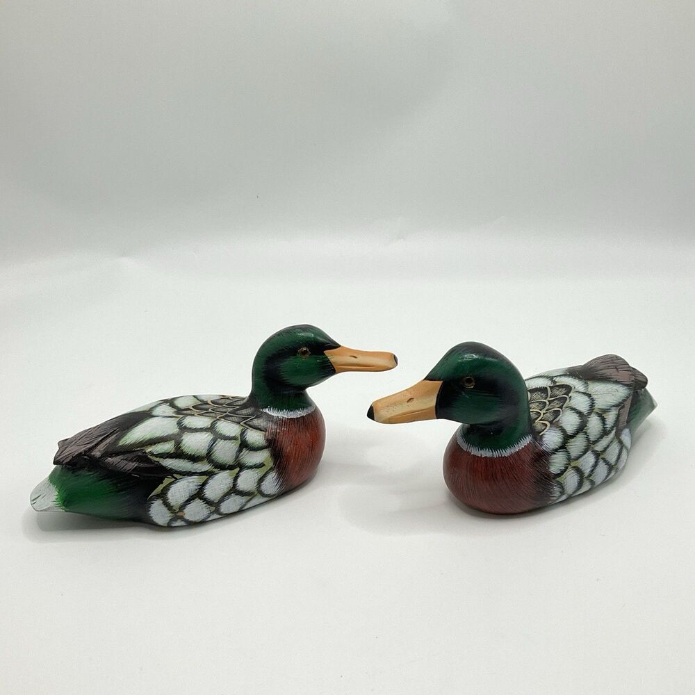 Pair Vintage Hand Painted Wooden Mallard Duck Decoys Rustic Cabin Decor